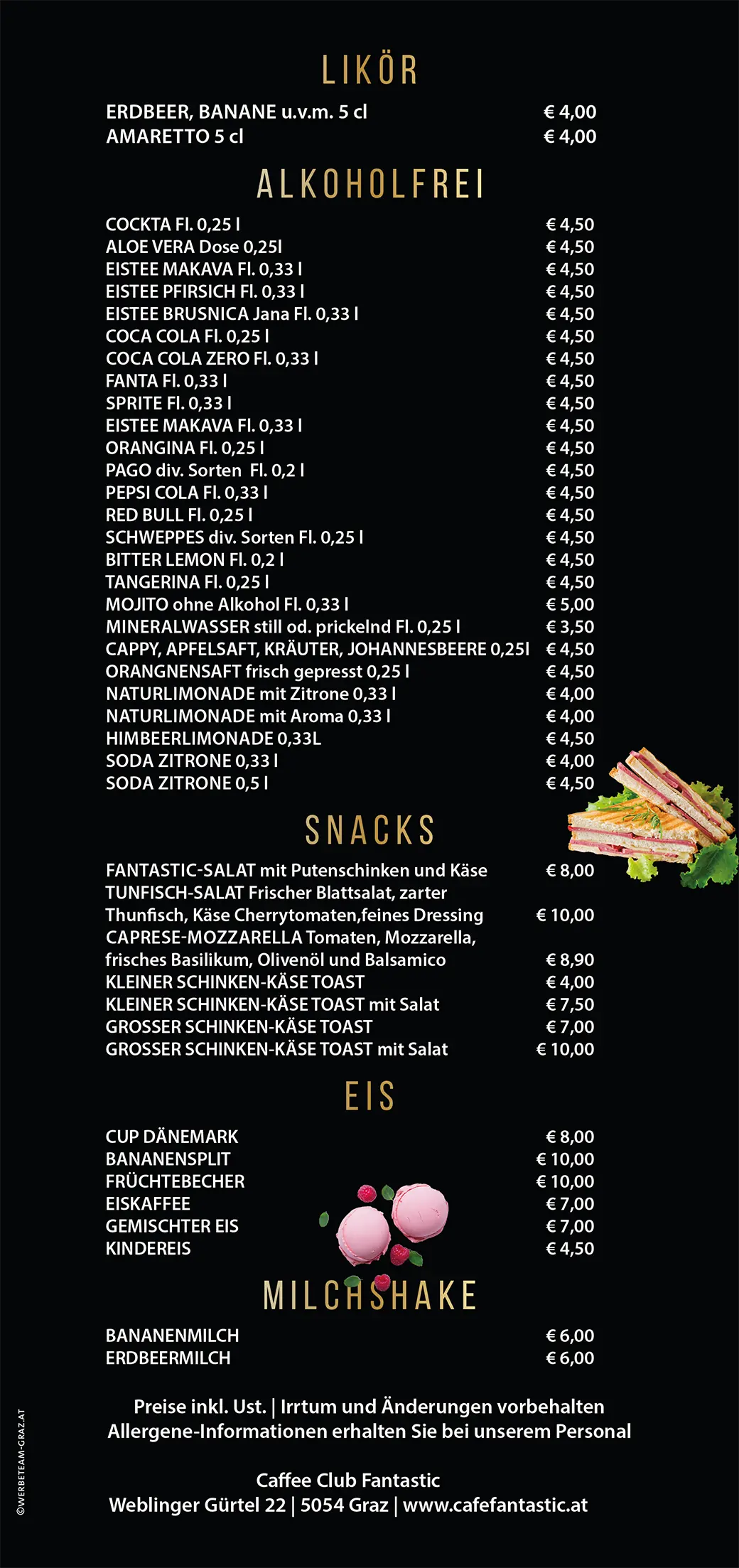 Caffe Club Fantastic Getränkekarte
